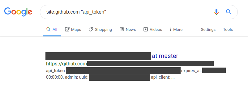 A screenshot of a Google search for tokens on GitHub