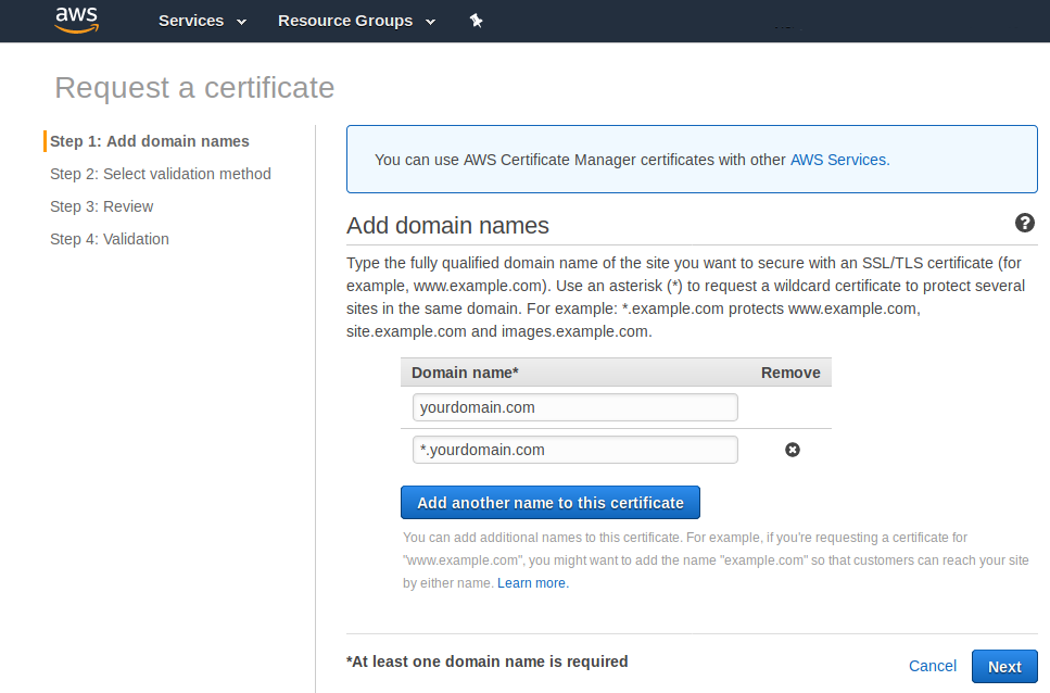 Adding domain names to ACM.