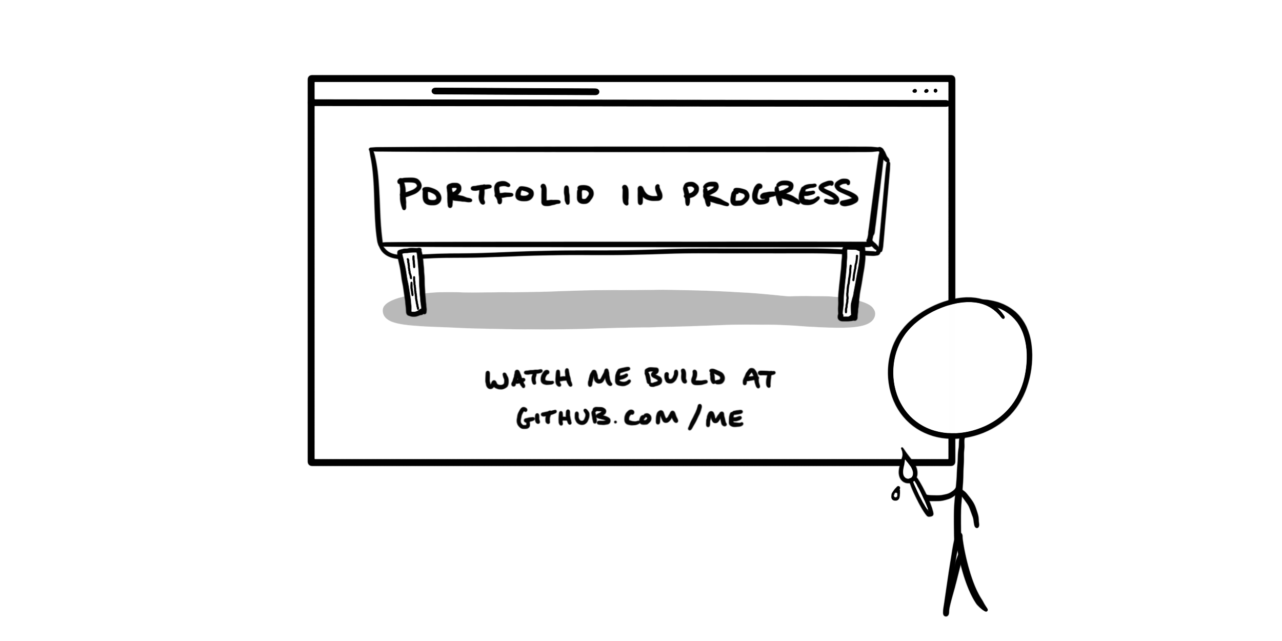 A comic of an in-progress portfolio, text reads, “Portfolio in progress. Watch me build at GitHub.com/me”