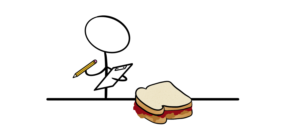 Reviewing a peanut butter and jelly sandwich with a clipboard