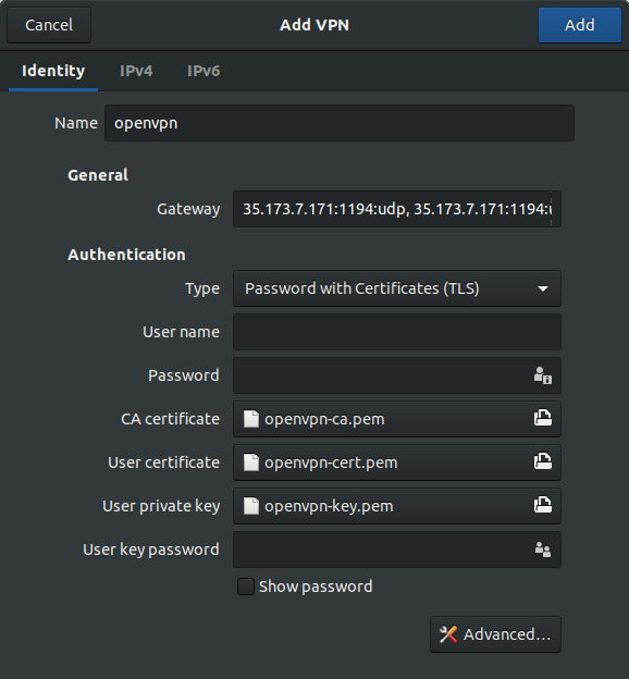 The filled VPN connection settings