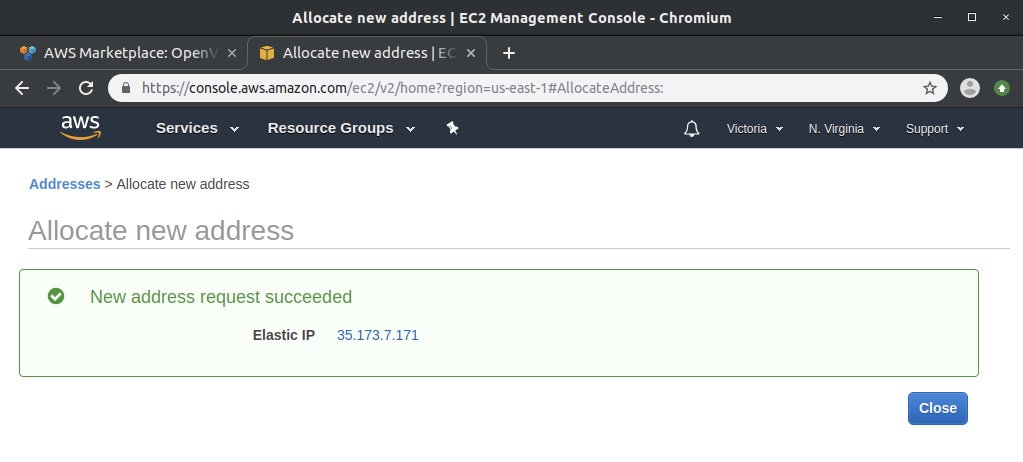 Allocate elastic IP success message