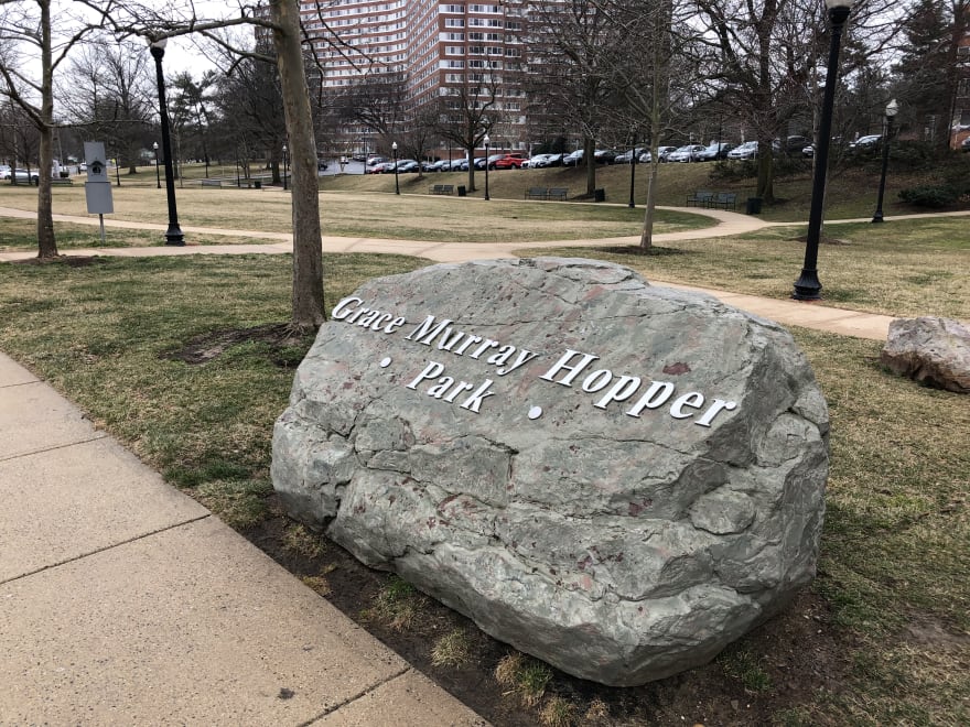 Signage on a rock denoting Grace Murray Hopper Park