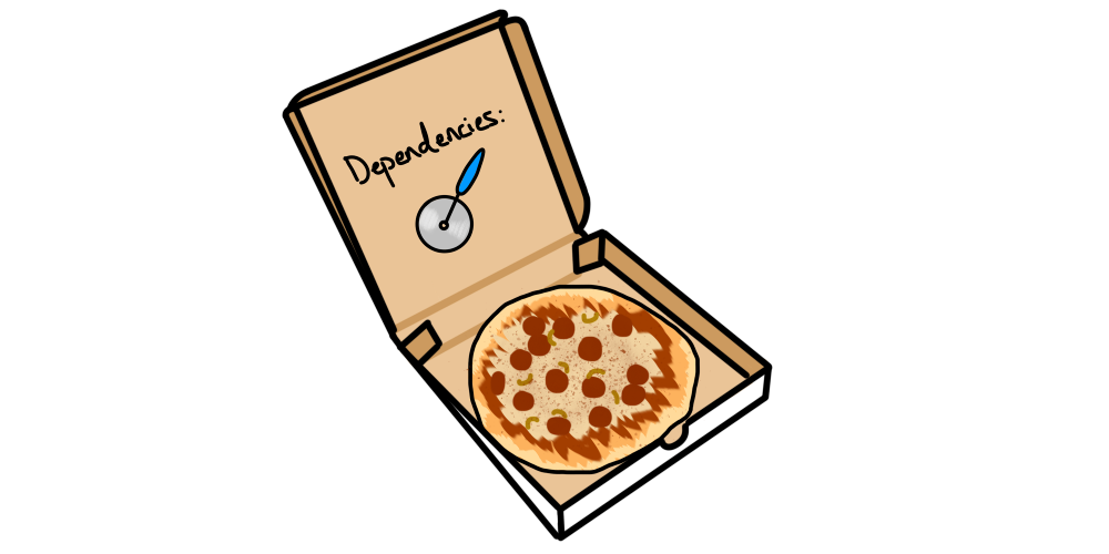 A pizza pie in a box with a pizza slicer dependency
