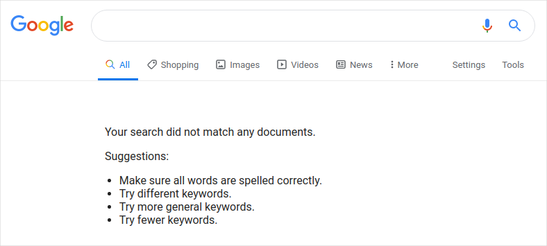 No results found in Google Search