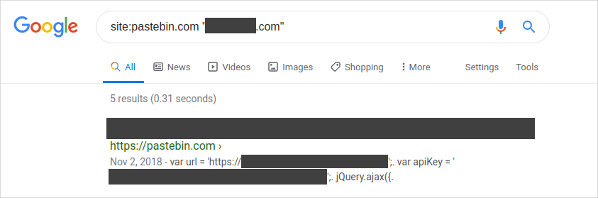 A screenshot of exposed api key in Google search