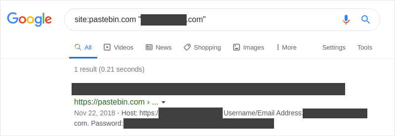 A screenshot of exposed username and password in Google search