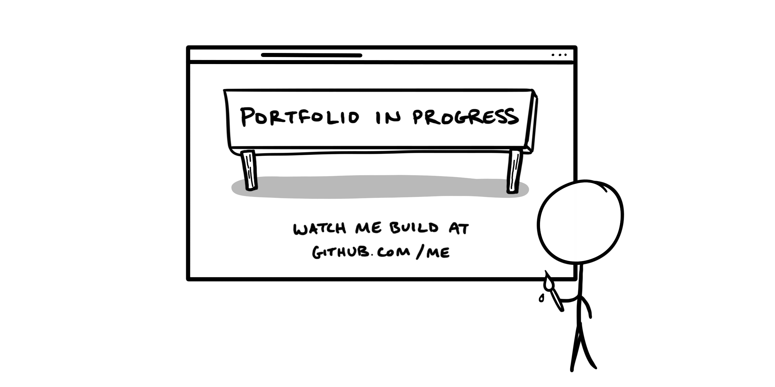A comic of an in-progress portfolio, text reads, &ldquo;Portfolio in progress. Watch me build at GitHub.com/me&rdquo;