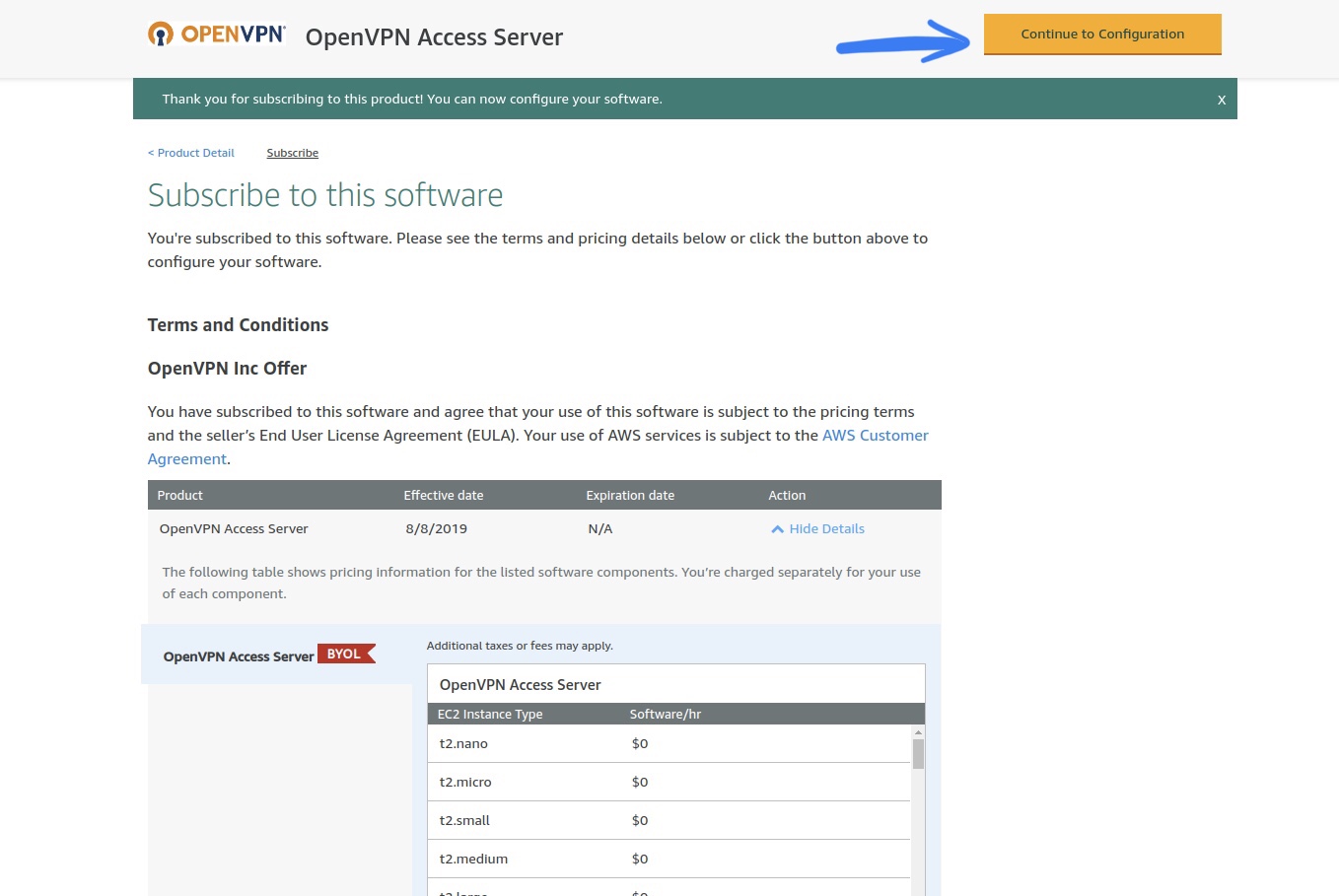 Subscription details page for OpenVPN Access Server