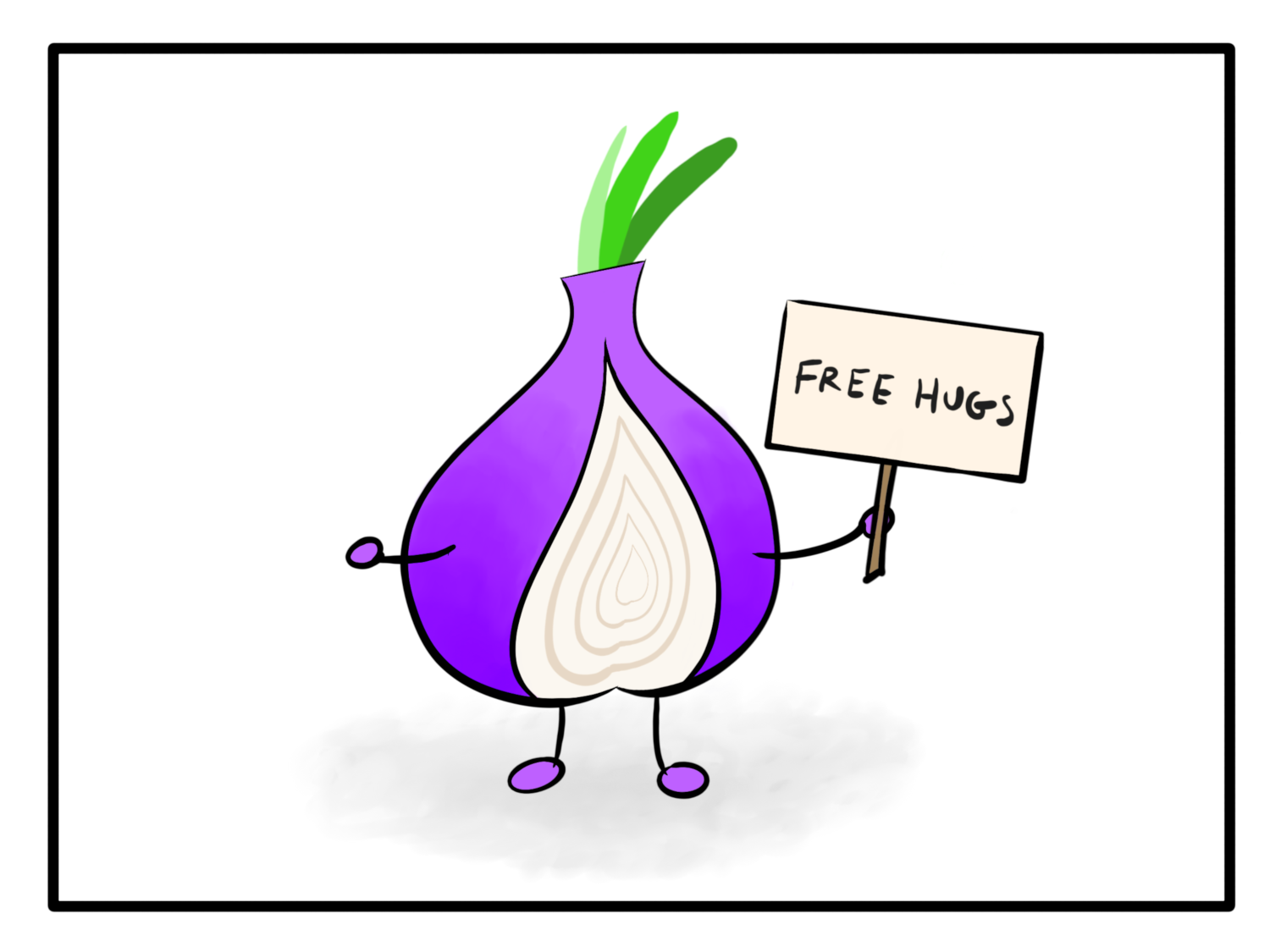 Tor onion holding a Free Hugs sign