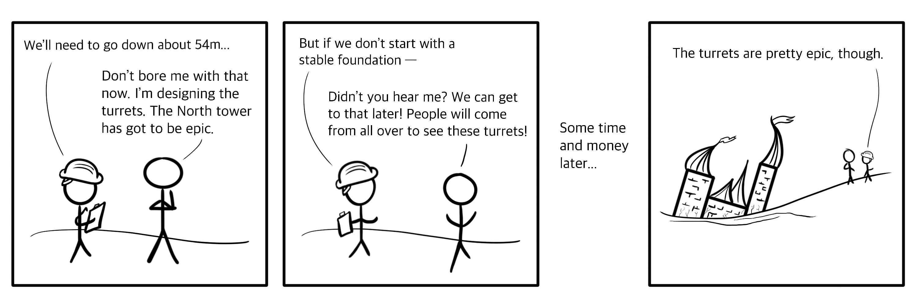 A comic I drew about building castles with poor foundations. It&rsquo;s not that funny.