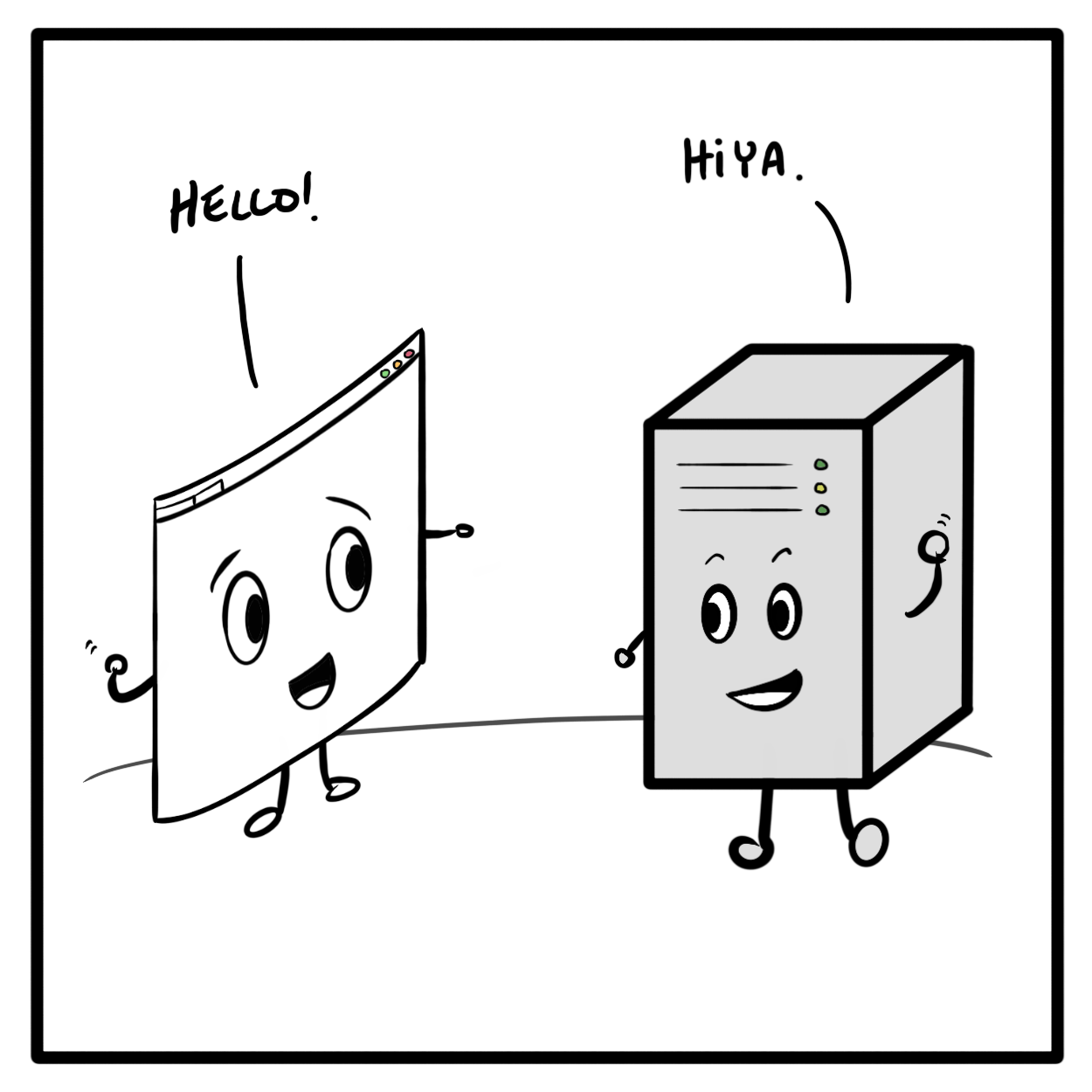 A cartoon of a client and server saying hello