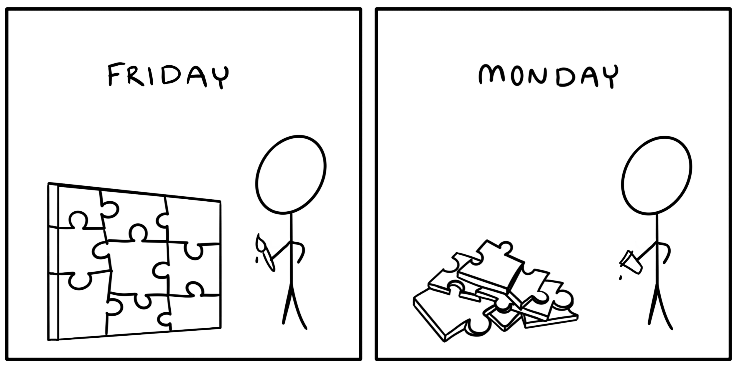 Your project on Friday (a finished puzzle) vs Monday (a pile of puzzle pieces) comic