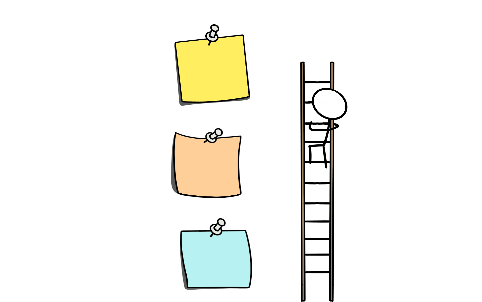 A cartoon of a stick figure climbing a ladder to reach a post-it note